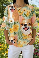 Womens Yellow Floral Dog Print Casual Waffle Cotton Shirt