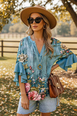 Women's Multicolor Floral Casual V-Neck 3/4 Sleeve Blue Blouse