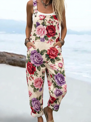 Women's Vintage Oil Painting Rose Print Sleeveless Loose Jumpsuit