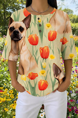 Womens Beige Tulip Dog Print Casual Waffle Cotton Shirt