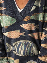 Lovely Fish Art Print Knit V-neck Pullover Sweater