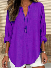 Women's Cotton Long Sleeve Round Neck Solid Color Loose Beach Shirt
