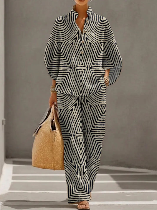 Women's Retro Line Art Print Casual 3/4 Sleeve Top And Pants Cotton Linen Suits