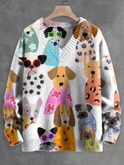 Men's V-neck Women's Colorful Fun Cartoon Puppy Print Long Sleeve Sweater