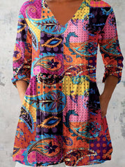 Women's Art Geometric Floral Print V-Neck Top