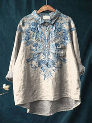 Women's Blue Ethnic Pattern Print Casual Cotton And Linen Shirt