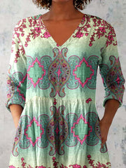 Women's Ethnic Geometric Print V-neck Top