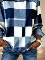 Women Abstract Plaid Crew Neck Long Sleeve Vintage Daily Fall Sweatshirt