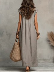Ruffled Art Print Cotton-Linen Dress - Minimalist Sculptural Maxi