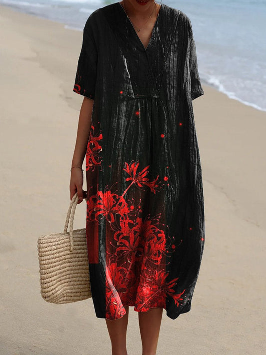 Japanese Red Spider Lily Art Printed Women's Flowy Dress