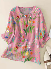 Women Vintage Flowers Art Print Loose Top Peter Pan Collar Half Sleeve Blouses
