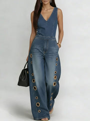 Women's V-neck Sleeveless Casual Loose Denim Wide-leg Jumpsuit