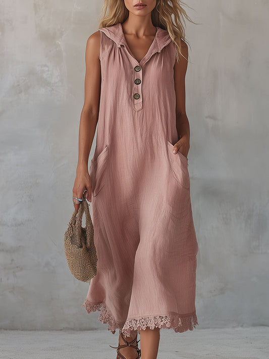 Casual Spliced lace-trimmed Linen And Cotton Hooded Dress