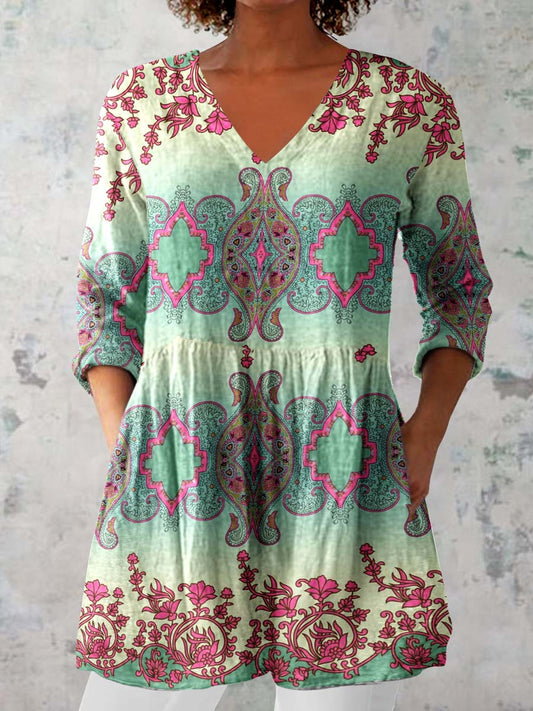 Women's Ethnic Geometric Print V-neck Top