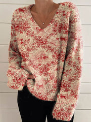 Women's Lovely Dogs Floral Art Print Casual V-neck Knit Pullover