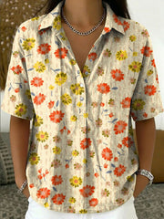 Women's Vintage Botanical Floral Casual Polo Collar Short-sleeved Linen And Cotton Shirt