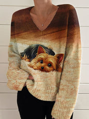 Dog Art Print V-Neck Sweater