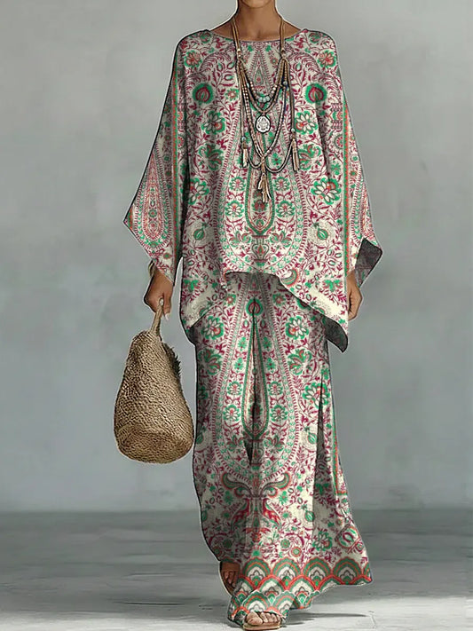 Women's Vintage Ethnic Floral Art Comfortable Loose Cotton Linen Wide-leg Pants Two-piece Set