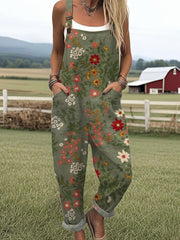 Women's Vintage Flower Art Print Casual Cotton Wide Leg Jumpsuit