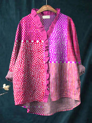 Women's Bright Abstract Polka Dot Art Print Casual Cotton And Linen Ruffle Shirt