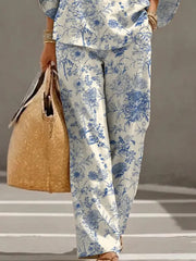 Women's Retro Floral Art Print Casual 3/4 Sleeve Top And Pants Cotton Linen Suits