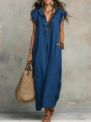 Ruffled Art Print Cotton-Linen Dress - Minimalist Sculptural Maxi