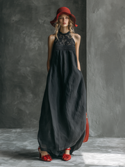 Stylish Western-style Dark Gray Lace Neckline Sleeveless Tencel Maxi Dress
