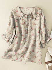Vintage Floral Loose Cotton and Linen Peter Pan Ruffle Collar Shirt