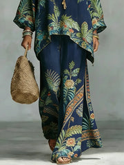 Women's Vintage Floral Art Comfortable Loose Cotton Linen Wide-leg Pants Two-piece Set