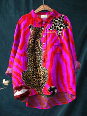 Women's Leopard Art Print Casual Cotton And Linen Shirt