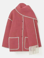 Women's Thickened Loose Woolen Coat with Scarf and Tassels