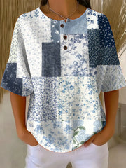 Women's Patchwork Small Floral Art Pattern Printed Casual Waffle Cotton Shirt