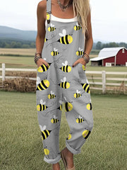 Women's Bee Art Print Casual Cotton Wide Leg Jumpsuit