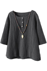 Solid Color Buttons Round Neck 3/4 Sleeves Shirts