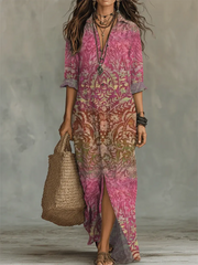 Women's Retro Floral Art Print Casual Long Sleeve Cotton Dress