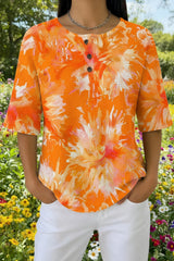 Womens Orange Tie Dye Floral Print Casual Waffle Cotton Shirt