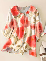 Women Vintage Flower Art Print Loose Peter Pan Collar Half Sleeve Blouses