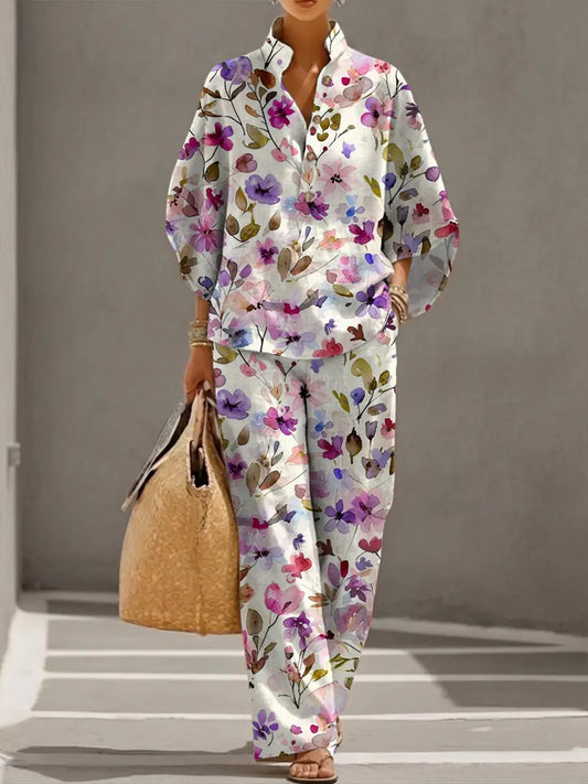 Women's Retro Floral Art Print Casual 3/4 Sleeve Top And Pants Cotton Linen Suits