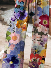Women's Vintage Floral Art Printed Cotton And Linen Casual Pants