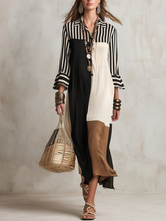 Women's Elegant Color-block Shirt Dress