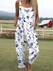 Women's Funny Flower Chick Art Print Casual Cotton Linen Wide Leg Jumpsuit