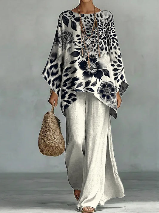 Women's Vintage Floral Art Comfortable Loose Cotton Linen Wide-leg Pants Two-piece Set