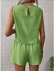 Women Plain Crew Neck Sleeveless Comfy Casual Top With Pants Two-Piece Set