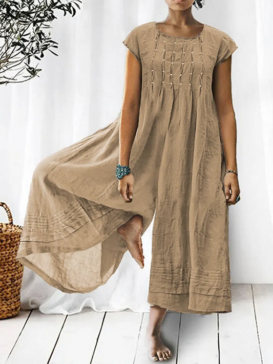 Women's Solid Color Art Casual Short Sleeve Cotton Linen Jumpsuit