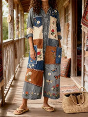Women's Vintage Bohemian Art Print Casual Washed Cotton Denim Jumpsuit