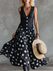 Women's V-neck Sleeveless Casual Loose Denim Patchwork Polka Dot Dress