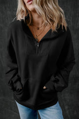 Women's Casual Black Zip up Stand Neck Sweatshirt