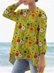 Women's Flower Print Casual Linen V-neck Shirt