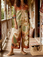 Women's Vintage Bohemian Art Print Casual Washed Cotton linen Denim Jumpsuit