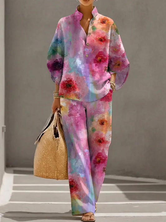 Women's Retro Floral Art Print Casual 3/4 Sleeve Top And Pants Cotton Linen Suits